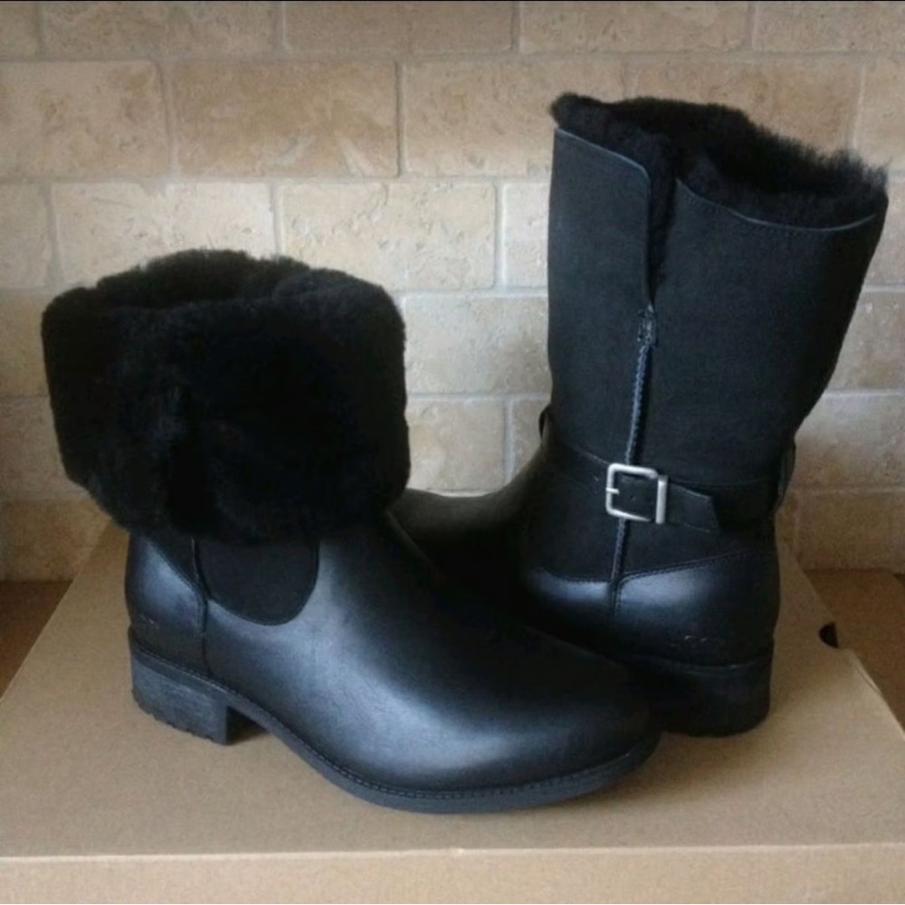 Ugg Australia 1914 Bellevue Leather Shearling Zip Fold Over Moto Boot